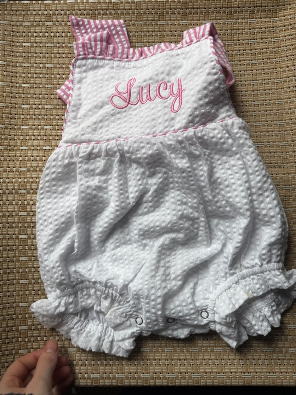 Personalized White & Pink Baby Bubble Romper - Lucy Embroidered